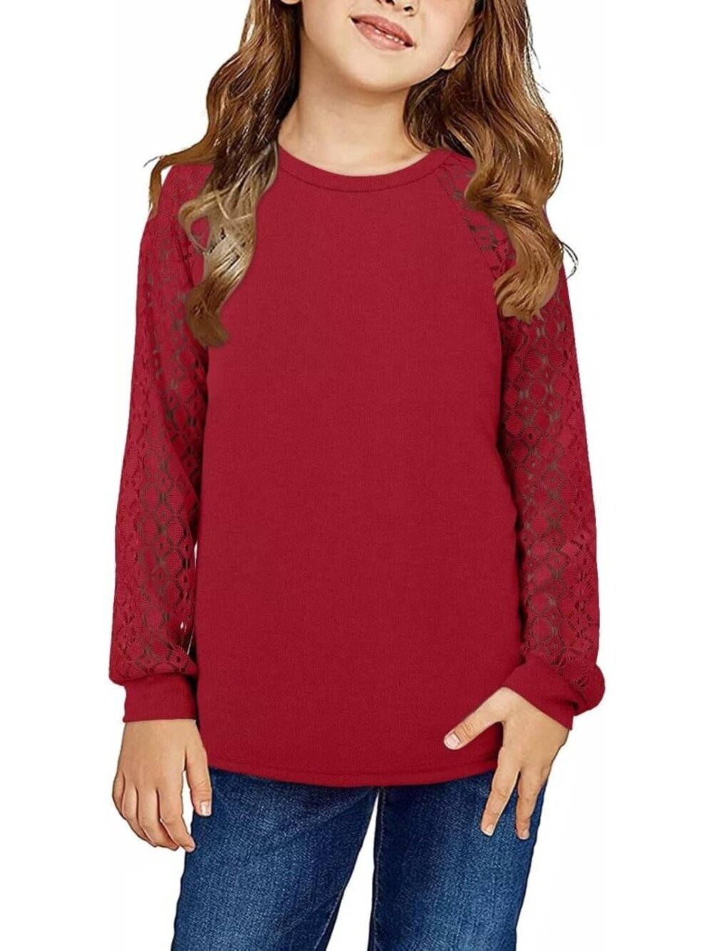Cute Lace Long Sleeve Shirt for Girls, Casual Crew Neck Top, Sizes 5-14 Years